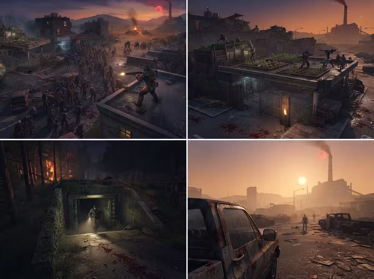 Horde de zombies à l'assaut d'un toit sous la lune de sang