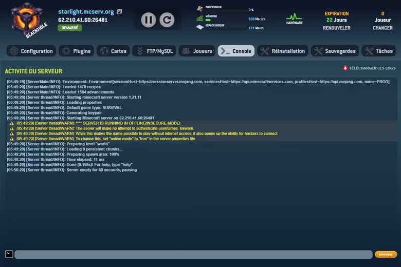 Terminal Minecraft : Commandes et Logs en Direct