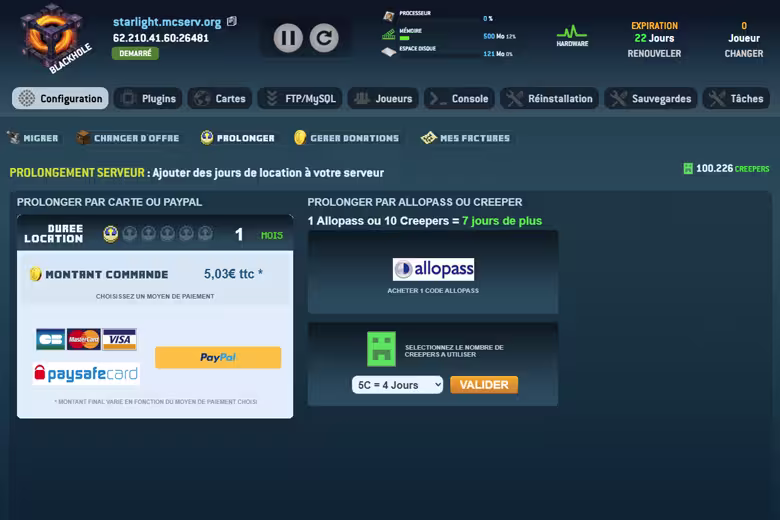 Renouvellement du serveur et achat creepers(tokens)