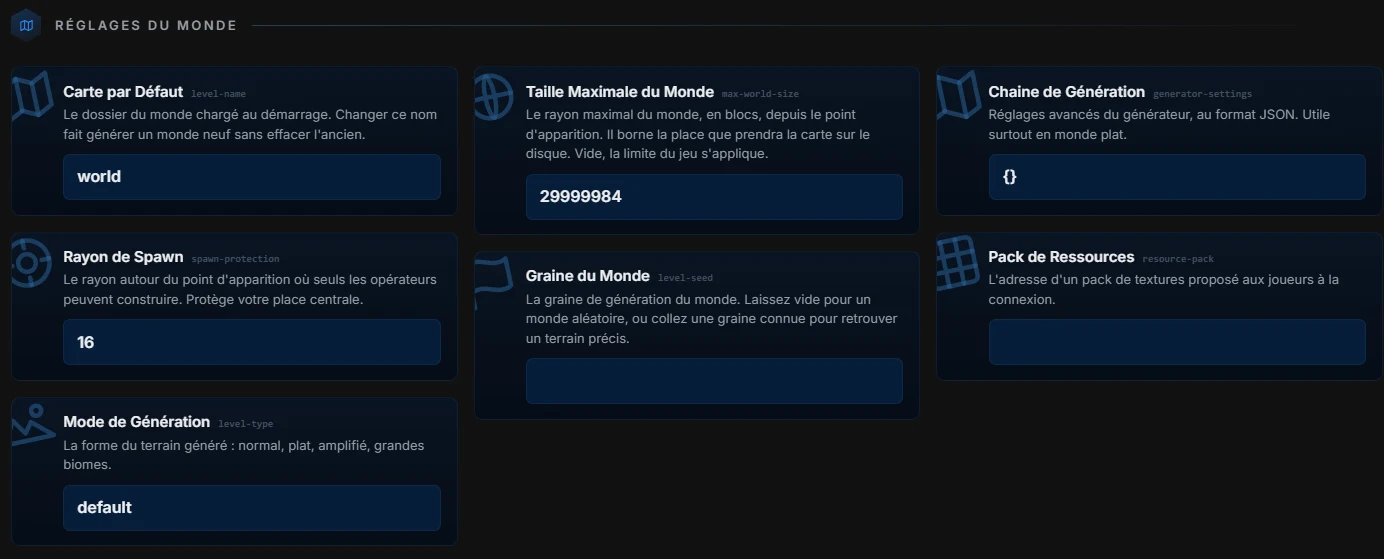 La page Réglages du panel : server.properties en clair