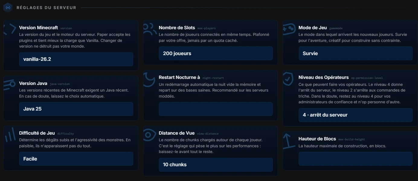 La page Réglages du panel : server.properties en clair