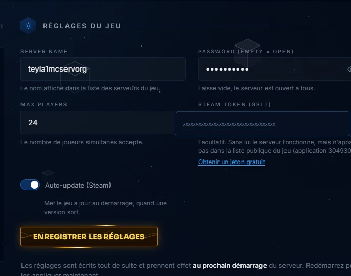 Jeux Steam : la page Réglages, version et console